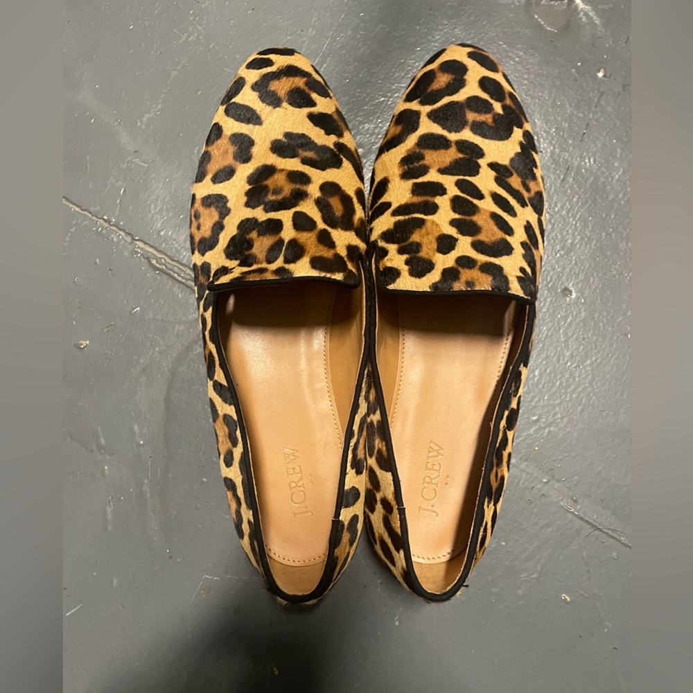J. Crew Factory Leopard Calf Hair Smoking Slippers